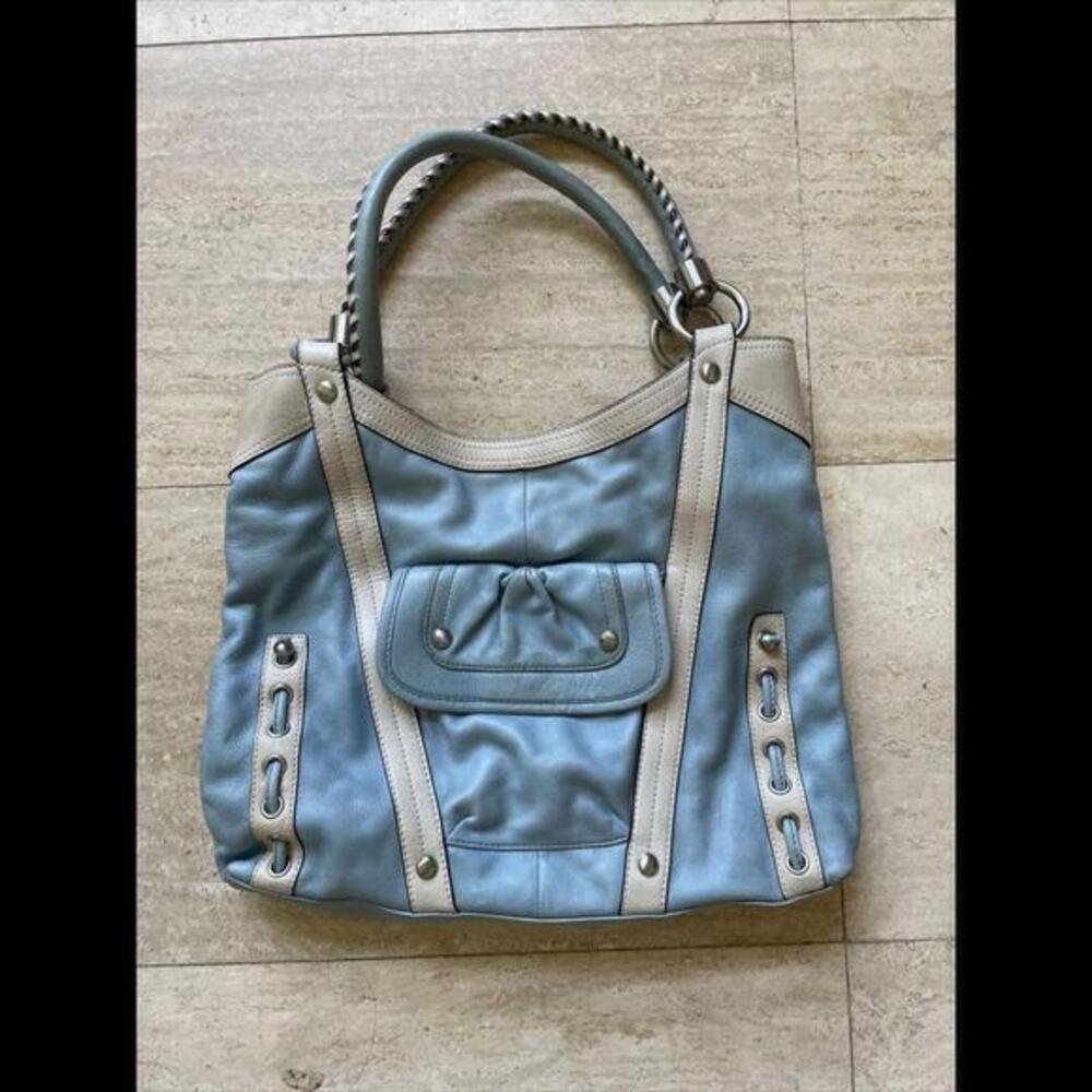 b. makowsky Light Blue and Cream Leather Tote